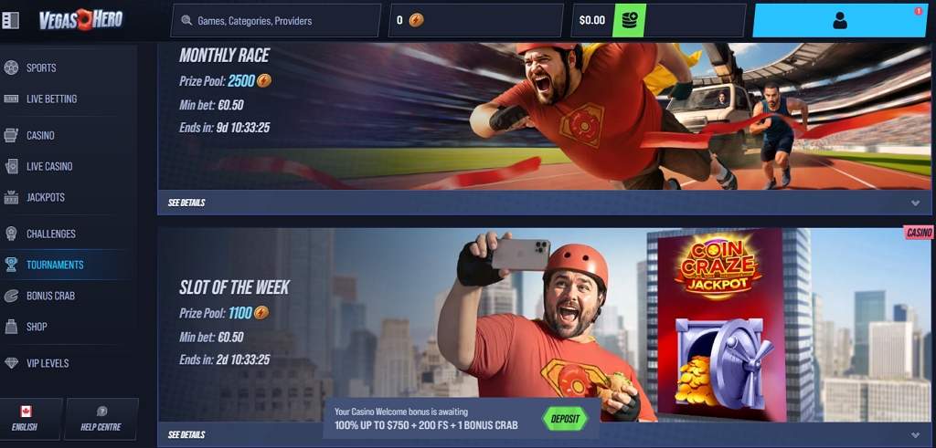 Vegas Hero — tournois et live casino en direct